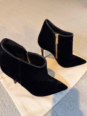 Michael Kors Black Velvet Pointed-Toe Ankle Booties with Gold Zip
